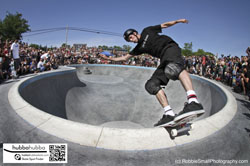 Tony hawk, Andy Macdonald, and other professional skateboarders at the ann arbor skatepark grand opening in ann arbor, michigan